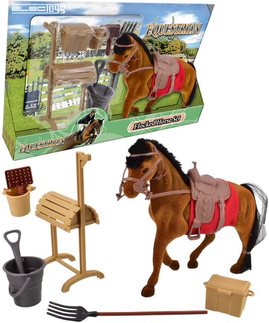 Equestrian Playset Brown Horse Flocked Red Saddle Grooming Set