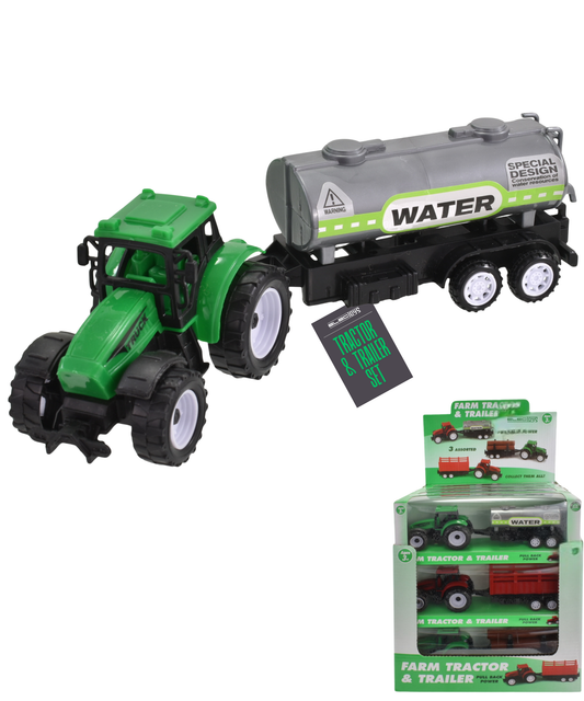 Toy Farm Tractor with Pull-Back Power and Trailer