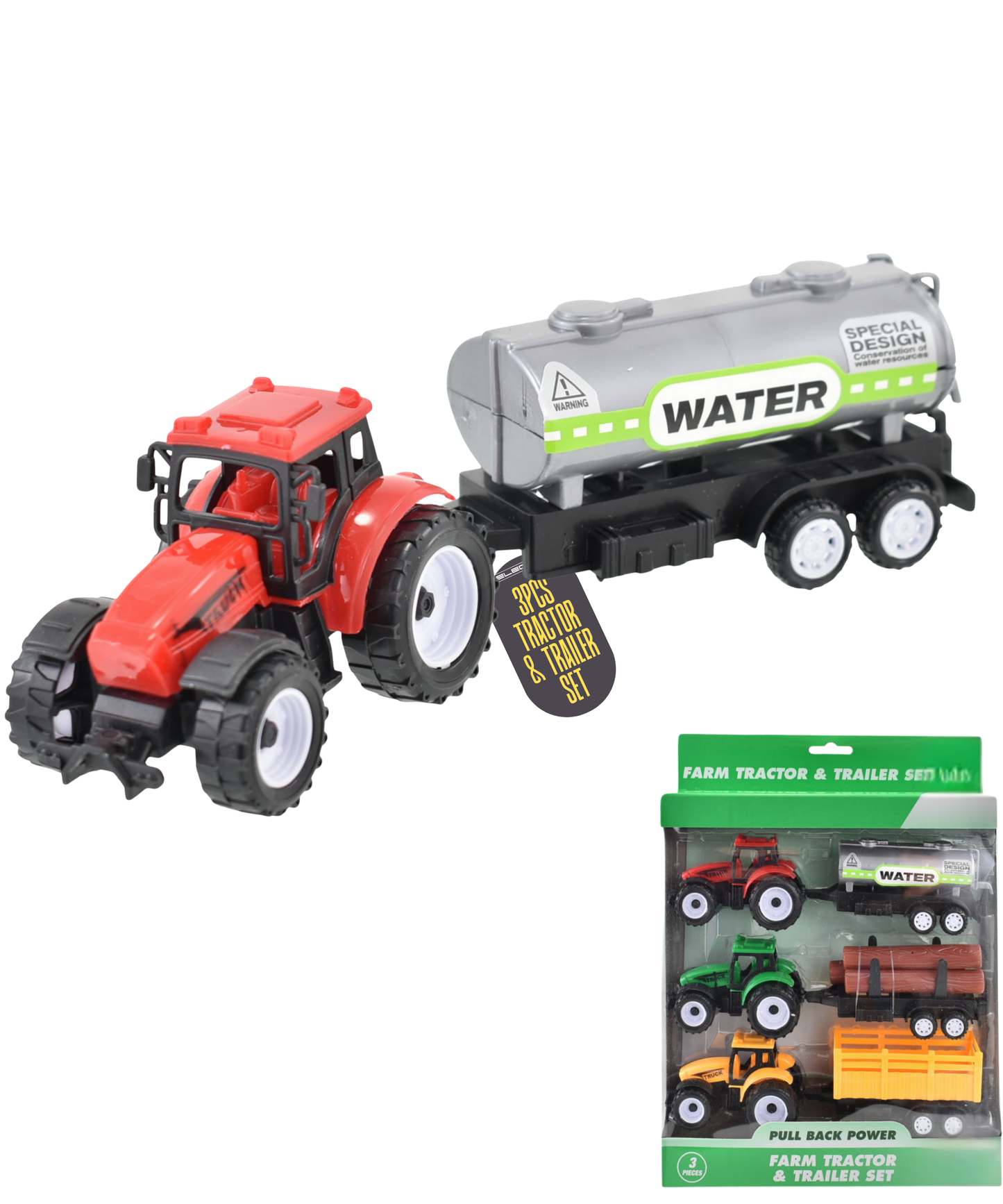 Farm Vehicle Toy Tractor Trailer Set Pull Back Action