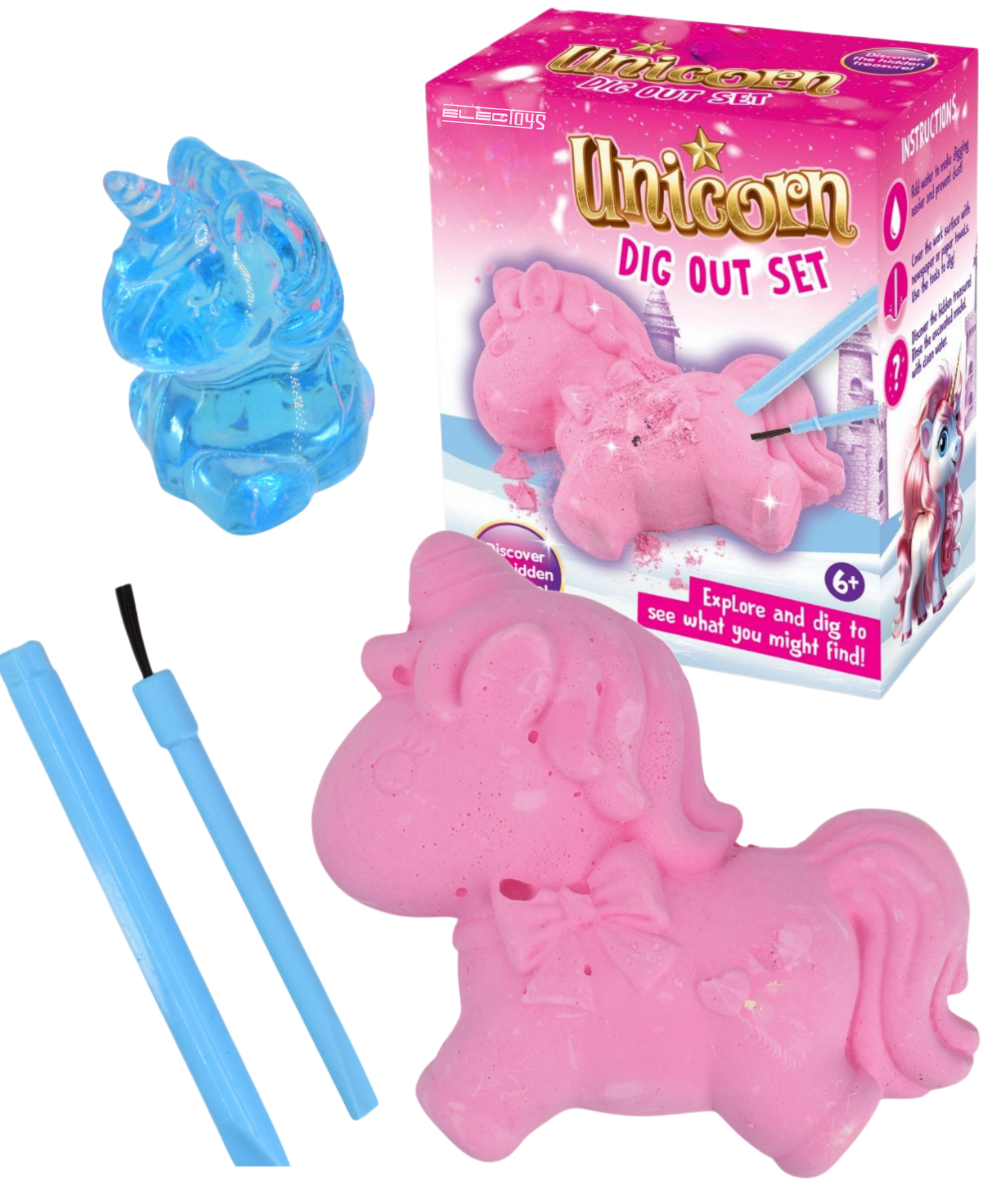 Unicorn Dig Out Toy Pink Block Hidden Blue Treasure