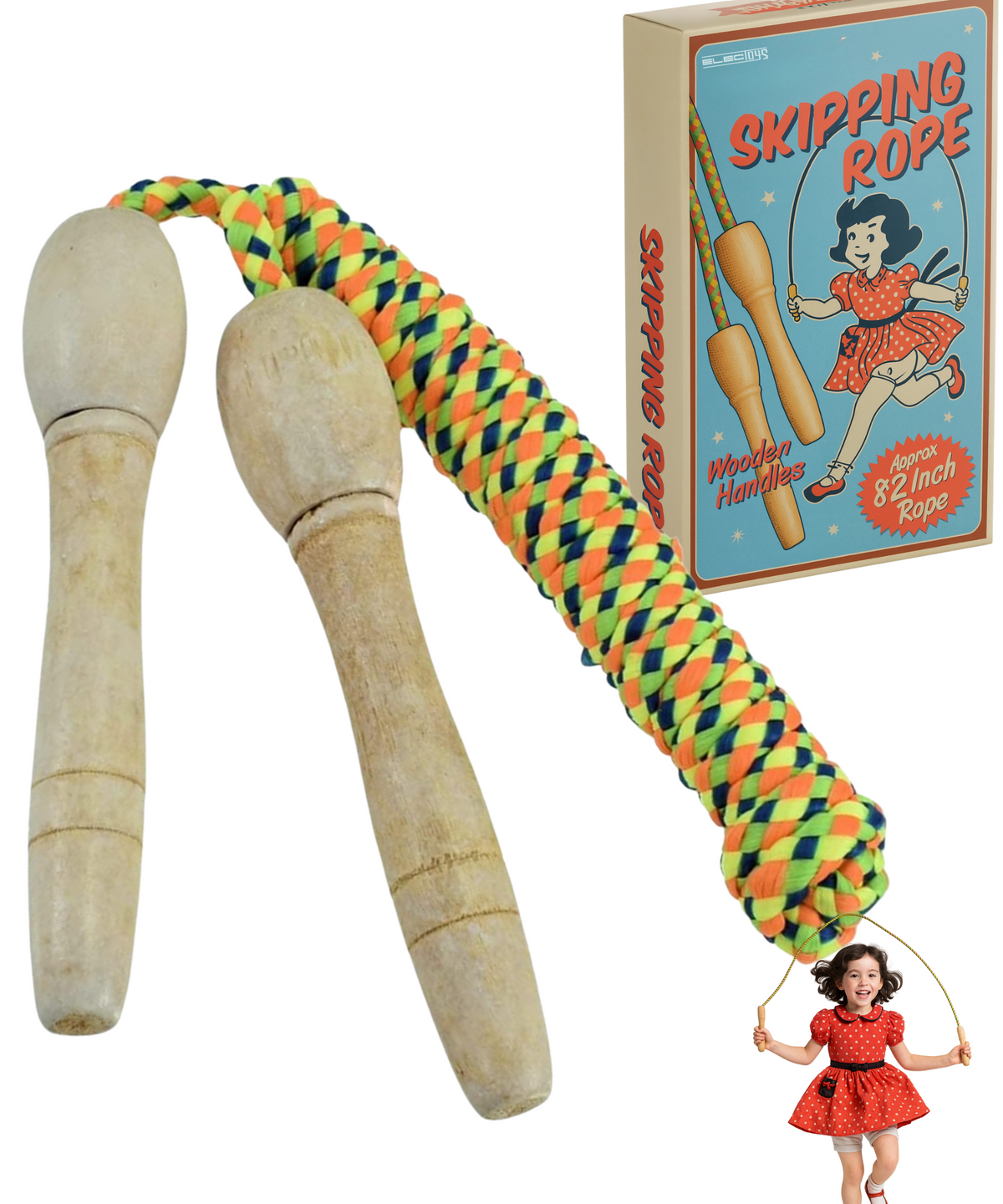 Skipping Rope Wooden Handles Multicoloured Kids Outdoor Toy