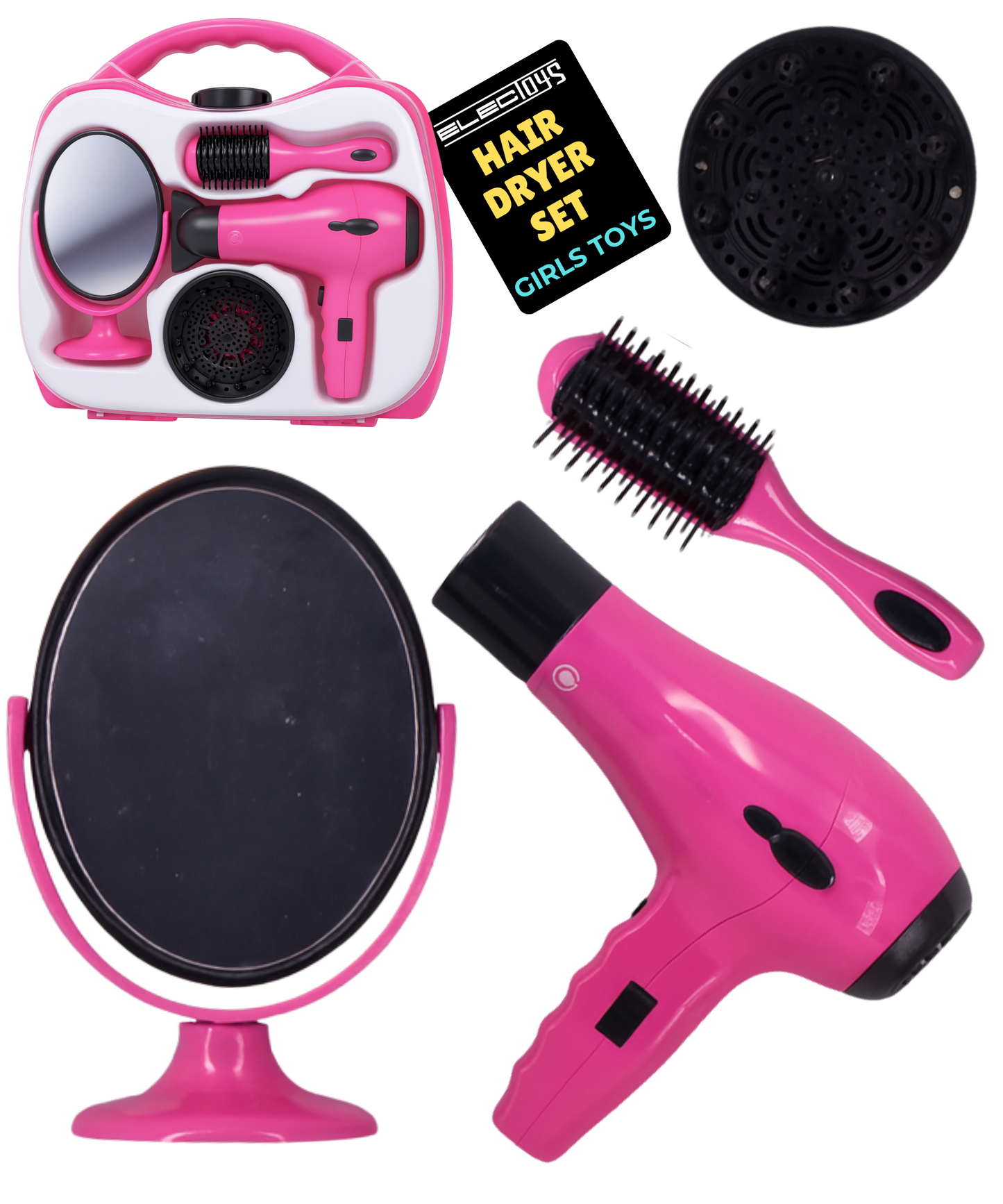 Kids Hairstyler Set with Hair Dryer Mirror Diffuser Pink