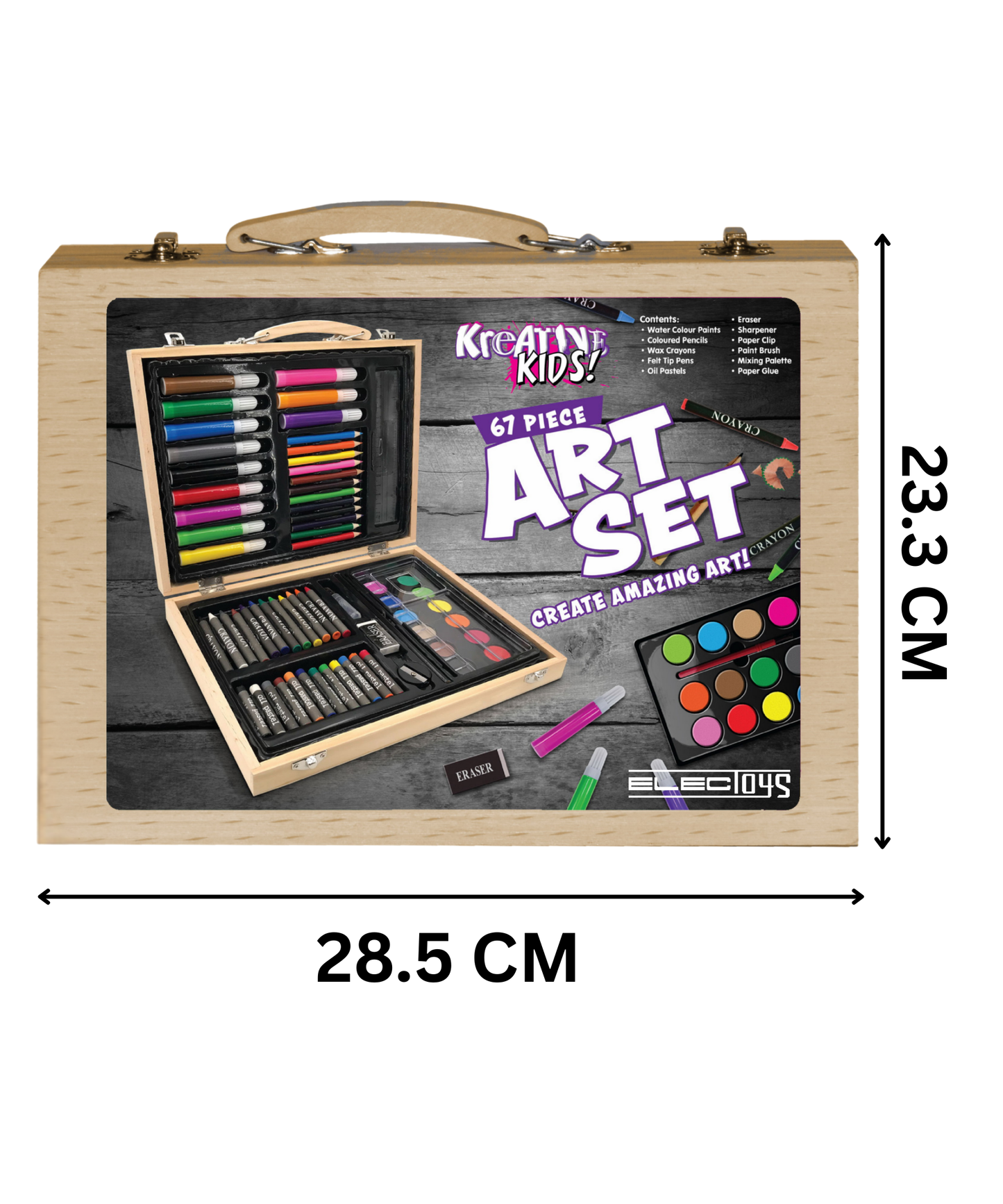 Children’s Wooden Art Set with Mixed Media Supplies – dimensions