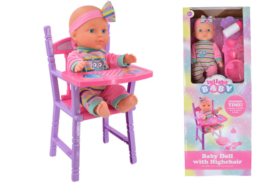 Baby Doll Highchair Set with Striped Outfit and Accessories