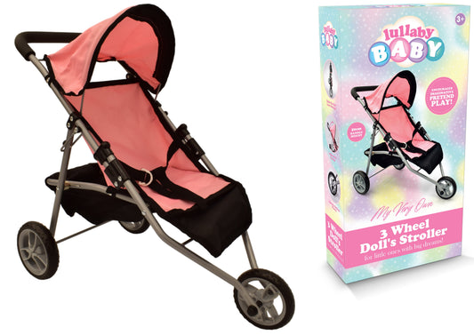 3 Wheel Doll's Stroller Pink Black Lightweight 50cm