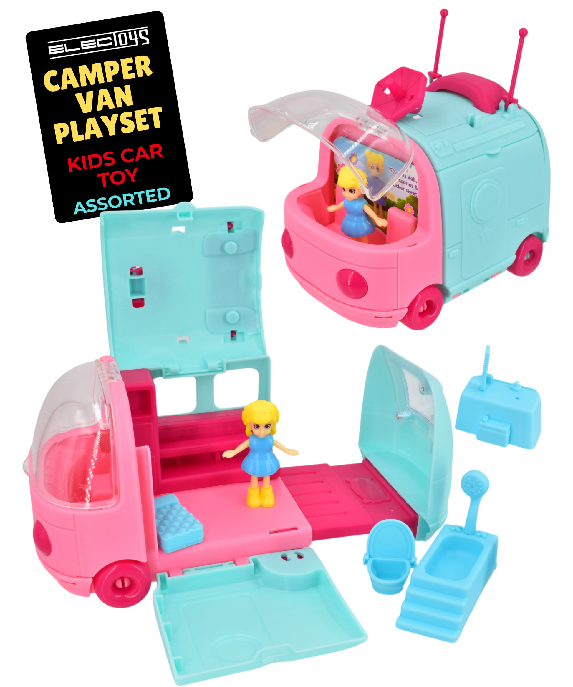 Camper Van Playset Miniature Light Blue Pink Toy Caravan