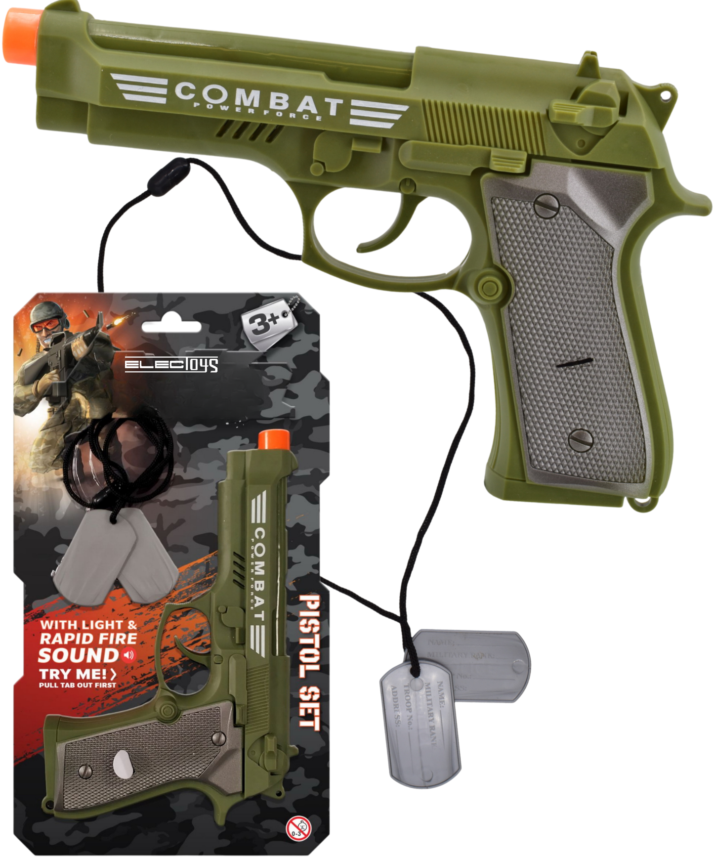 Toy Pistol Set Olive Green with Dog Tags and Sounds