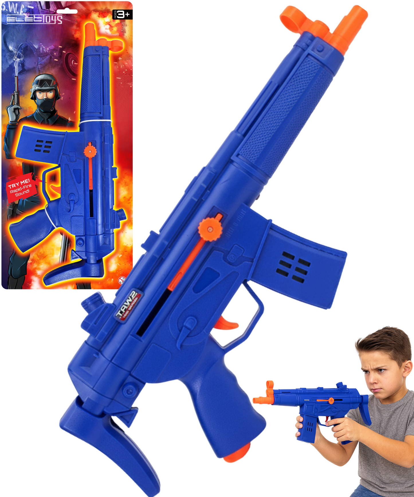 Toy Machine Gun Blue Orange Rapid-Fire Sound Ages 3+