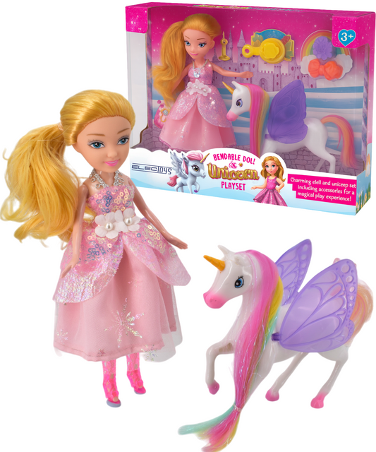 Bendable Doll and Unicorn Fairy Playset Pink Glitter