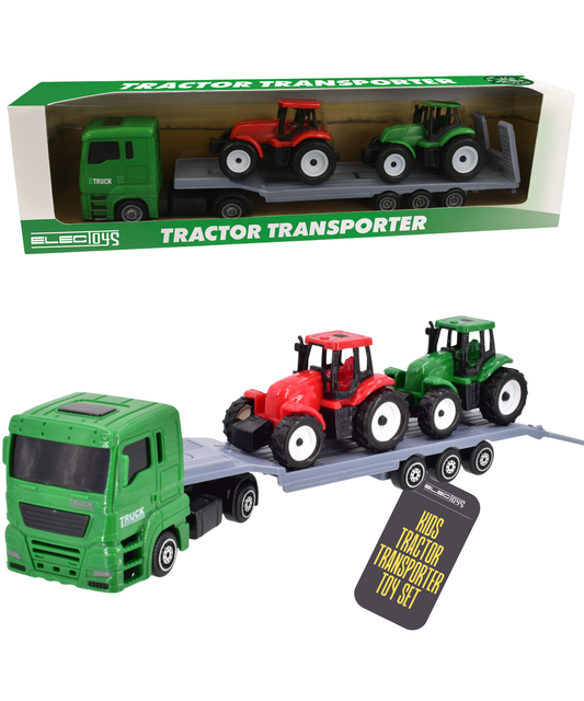 Tractor Transporter Truck Toy Set with Trailer and Mini Tractors