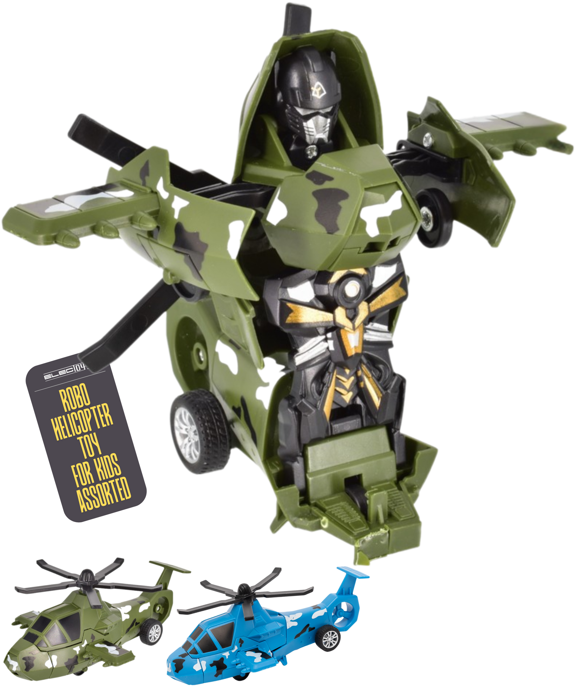 Transforming Helicopter Robot Friction Powered Blue Vehicle