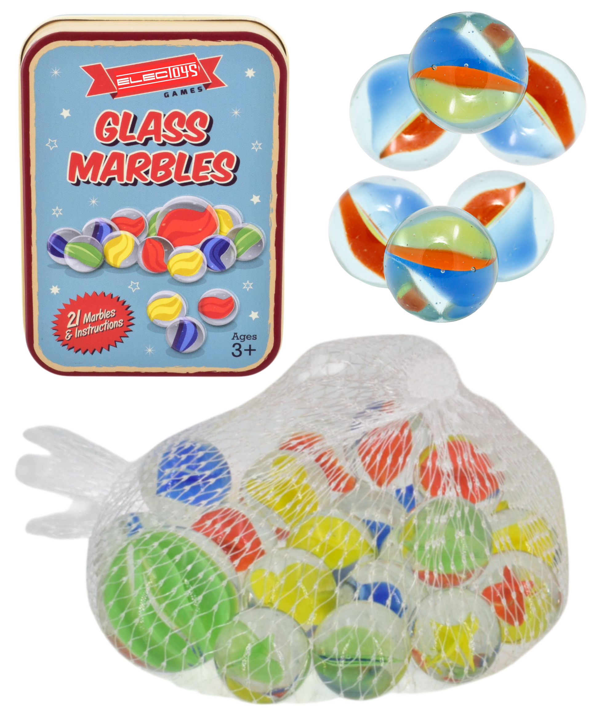 Glass Marbles Game Set with Traditional Rules Retro Tin