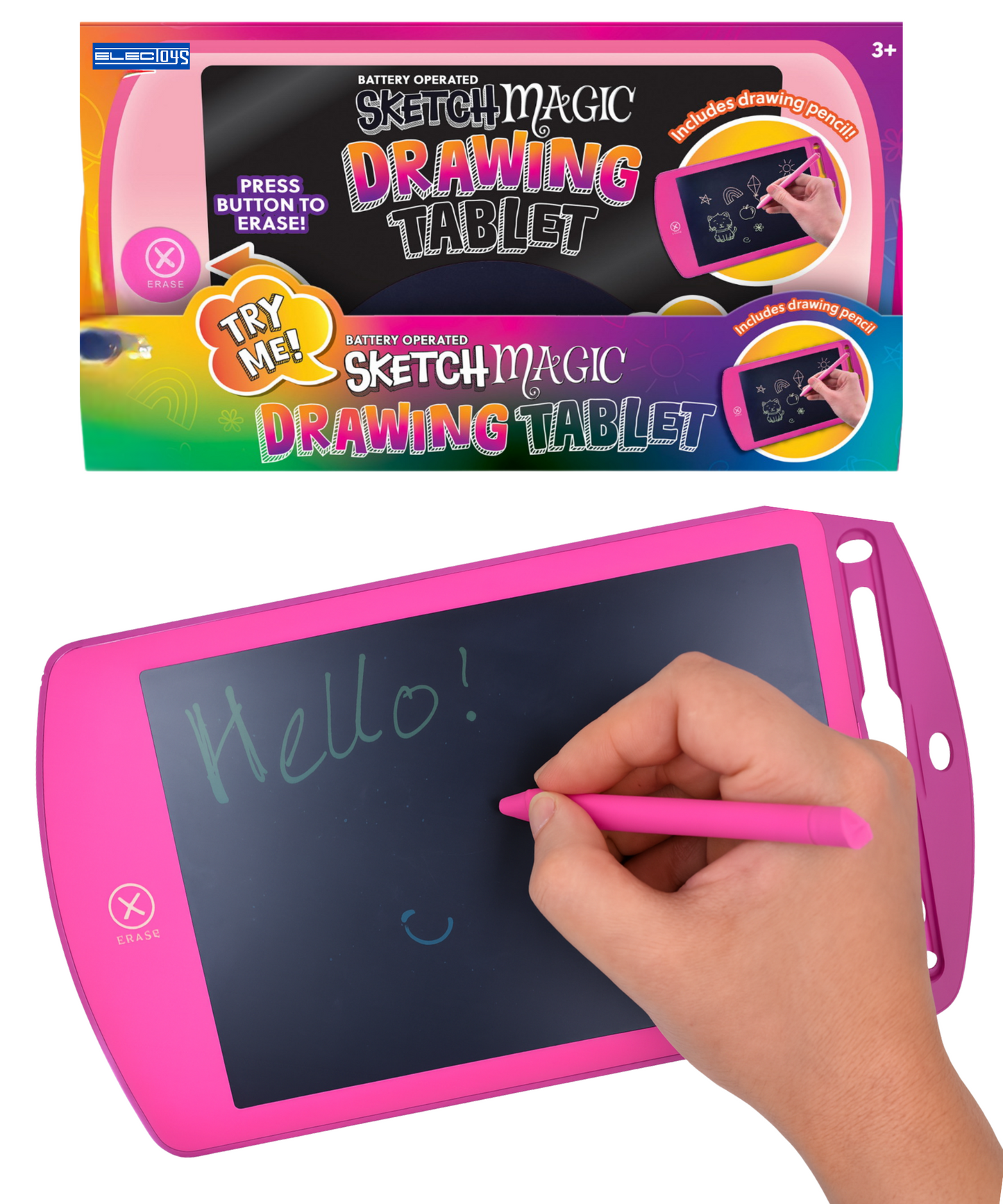 Pink Kids Drawing Tablet Battery Operated Stylus LCD