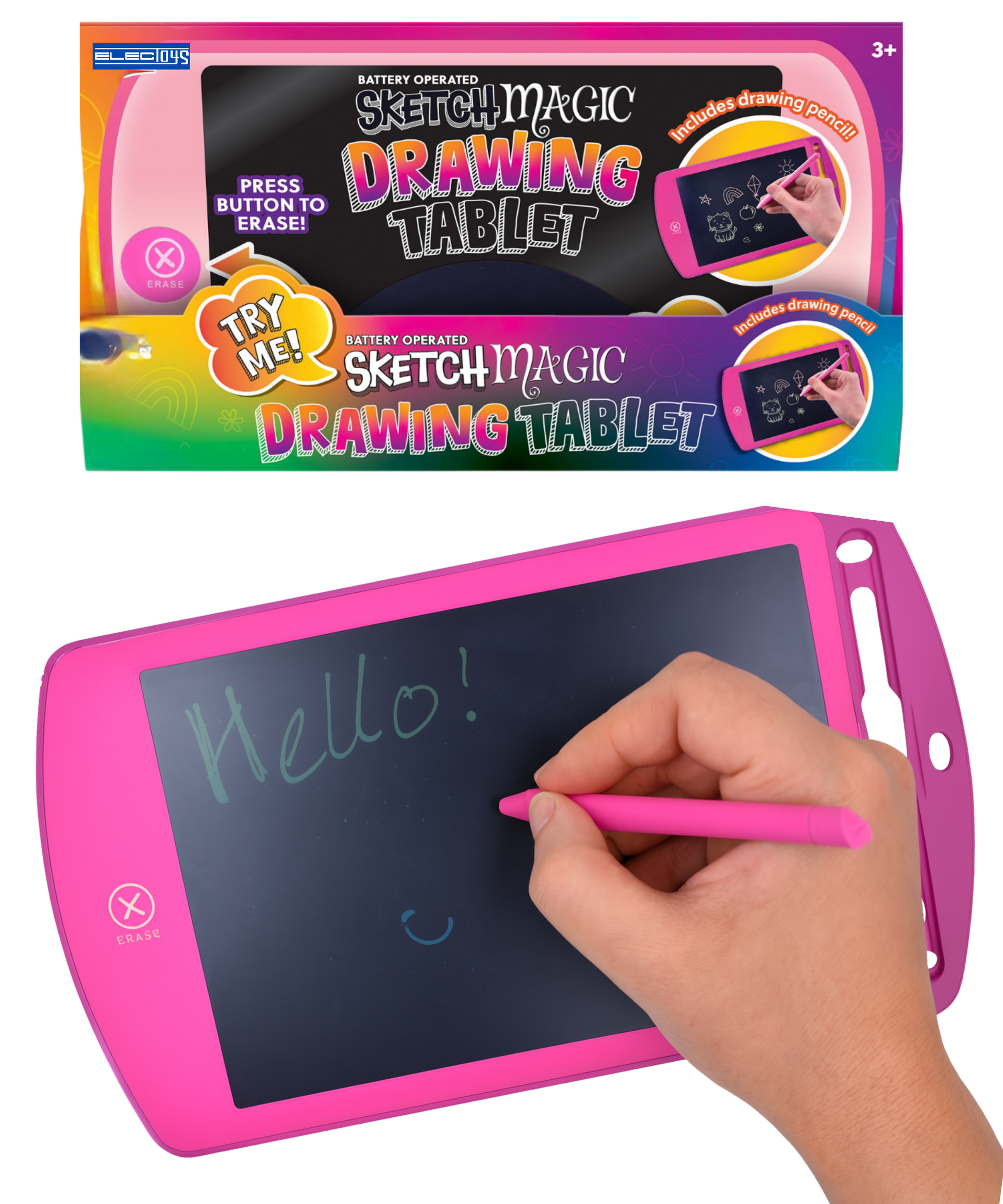Pink Kids Drawing Tablet Battery Operated Stylus LCD