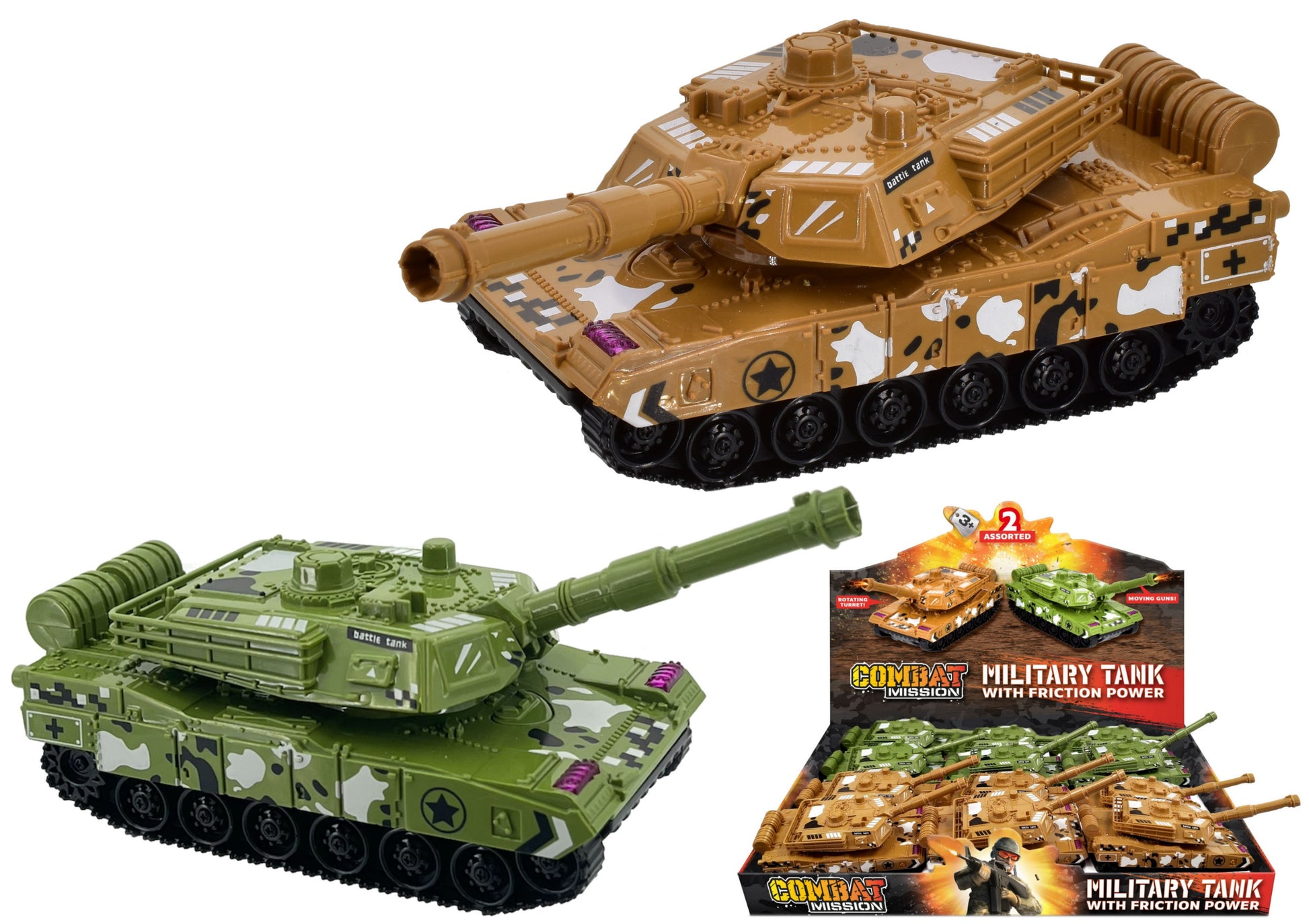 Toy Military Tank Rotating Turret Friction Powered Camo