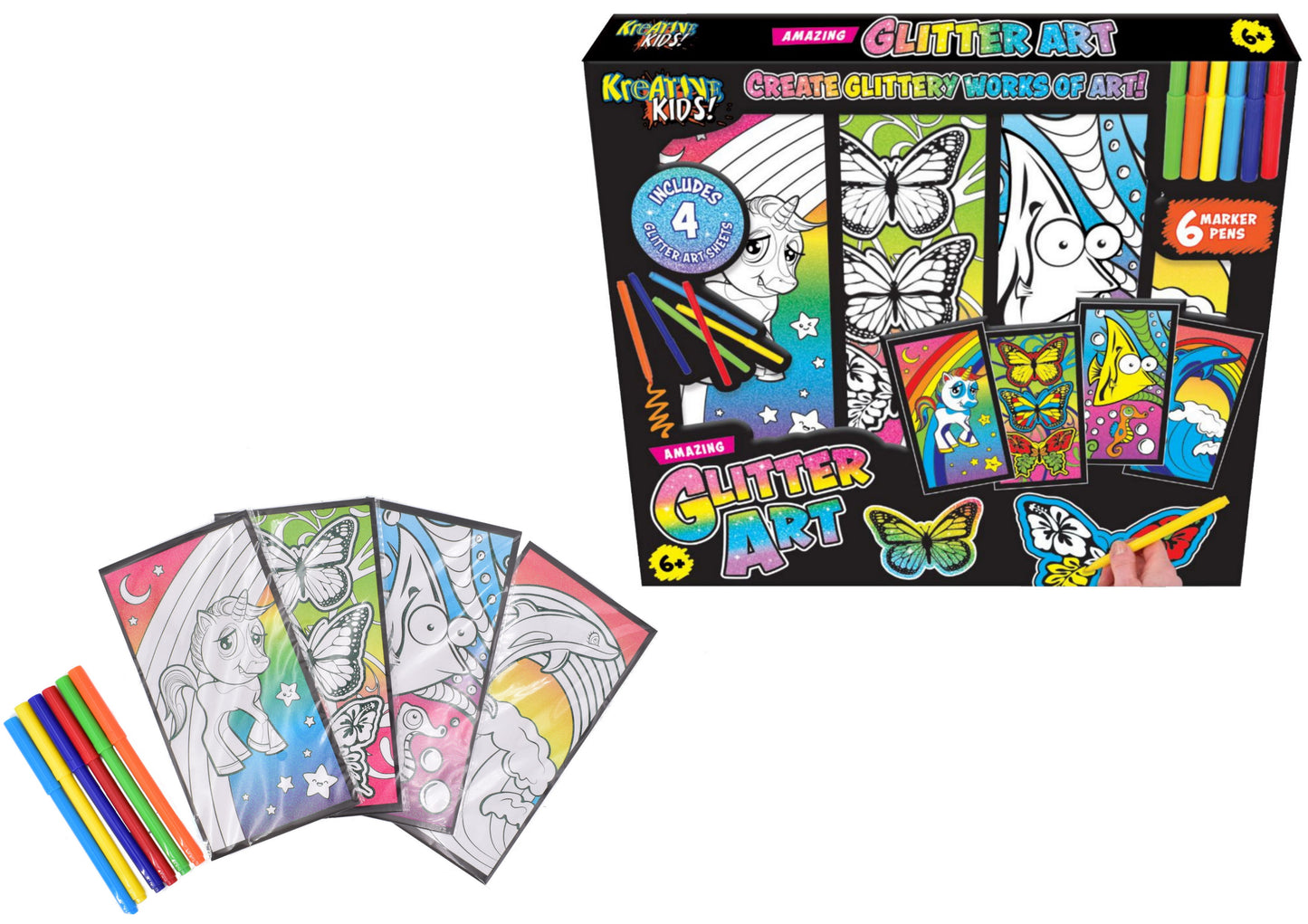 Glitter Art Activity Kit with 6 Marker Pens for Kids