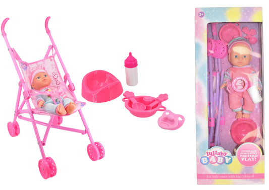 Baby Doll Playset With Stroller Pink Pastel Accessories