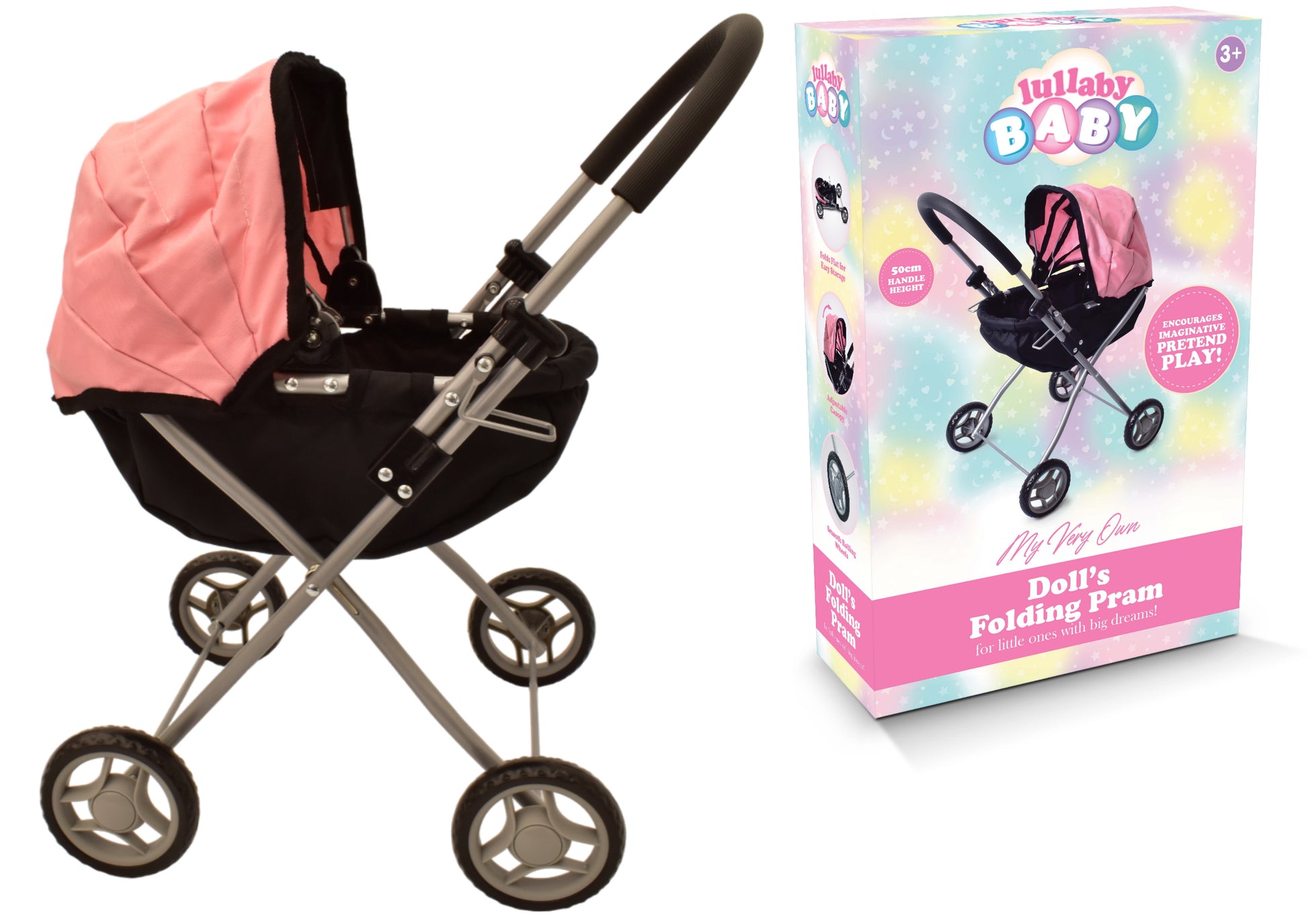 Dolls' Folding Pram Black Pink 50cm Metal Frame Fabric Canopy